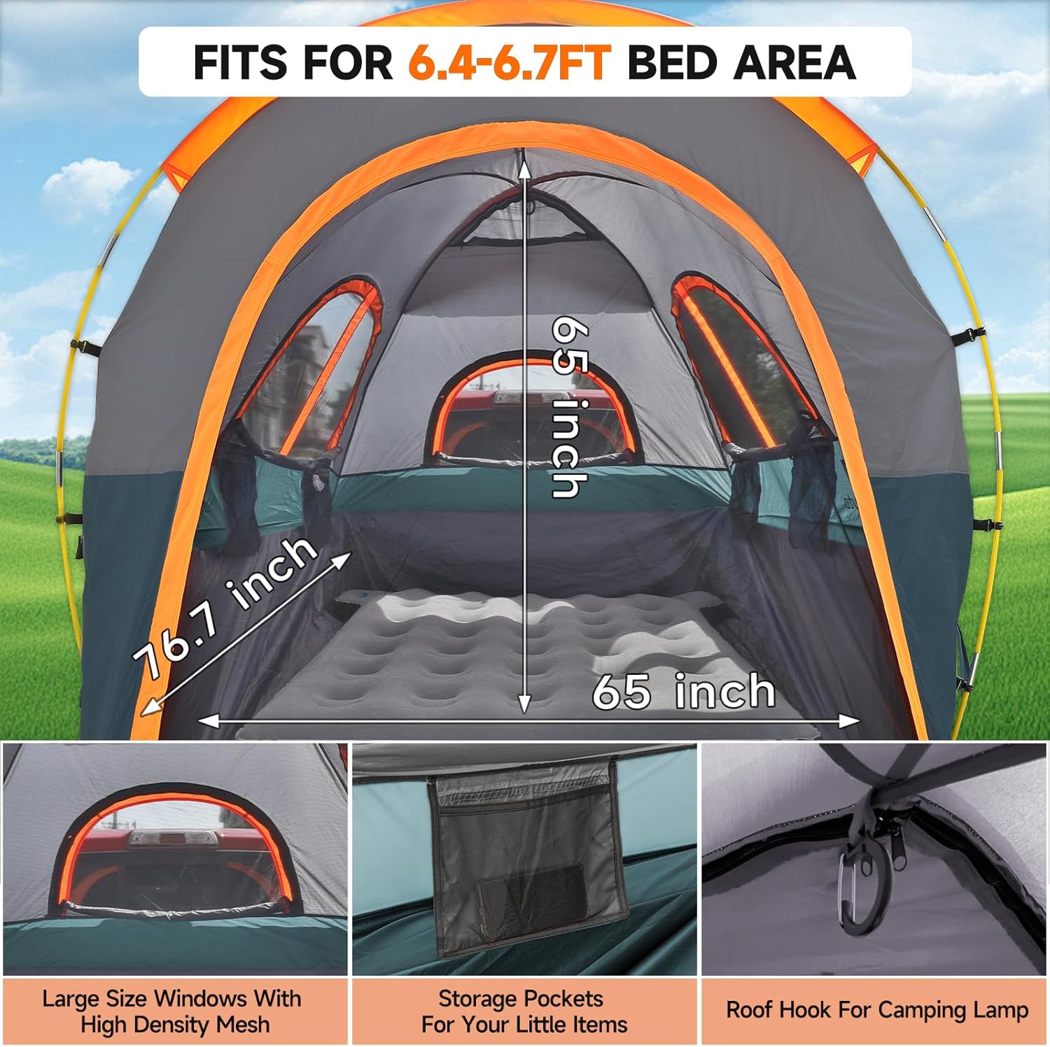 Truck Bed Tent with Awning,Fits 6.4-6.7 ft Truck Beds | PU3000mm Waterproof Pickup Tent