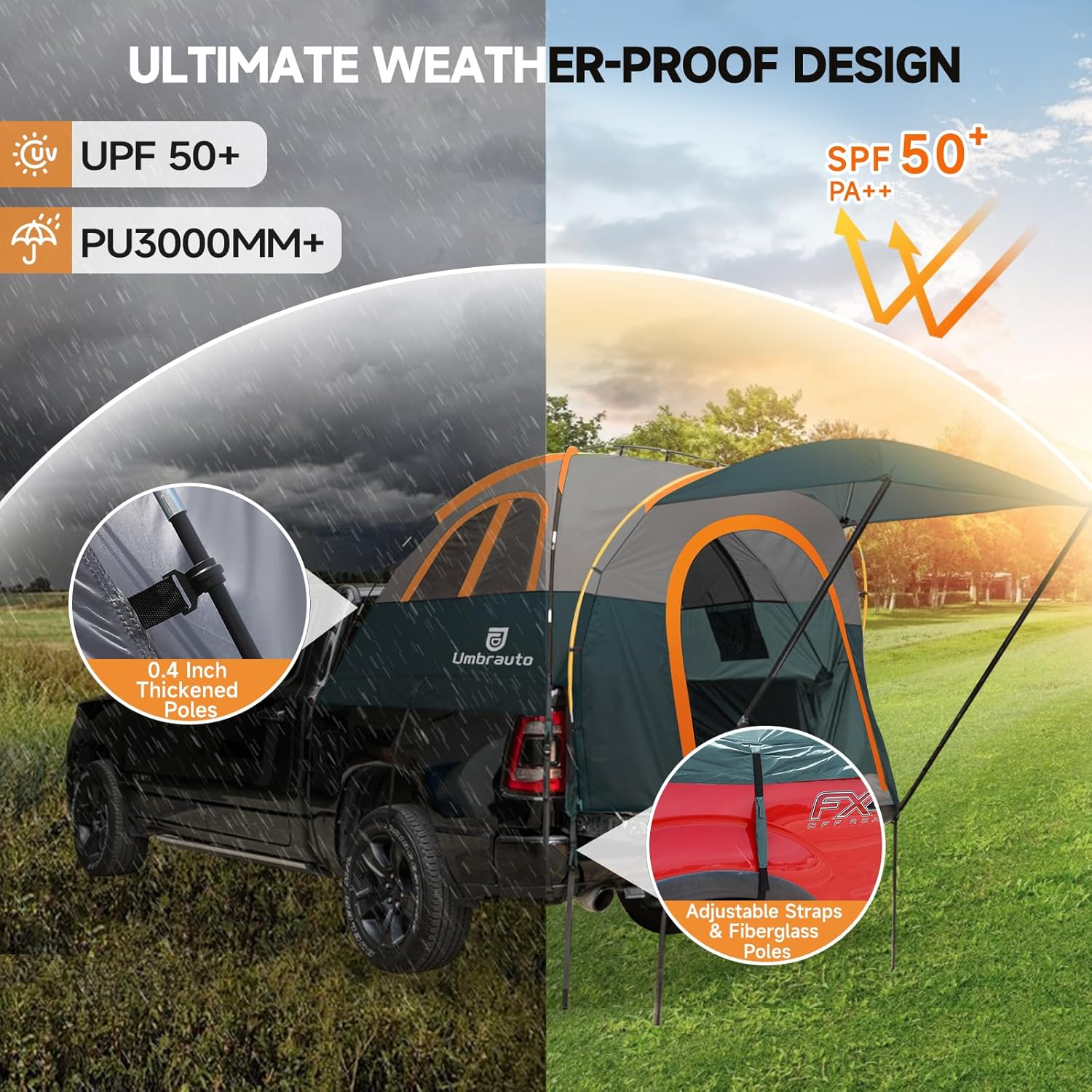 Truck Bed Tent with Awning,Fits 6.4-6.7 ft Truck Beds | PU3000mm Waterproof Pickup Tent